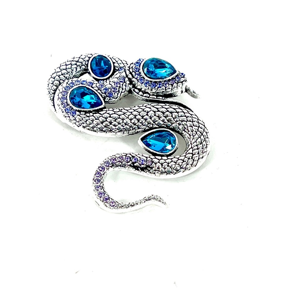 Silver Tone Snake Brooch Blue Pear Crystal Purple Rhinestone Serpent Pin